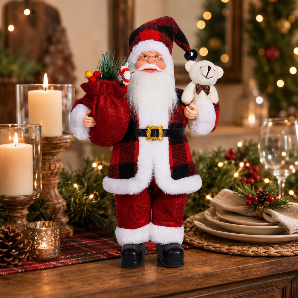 Vintage Collectible Santa - Figurine de Père Noël à carreaux